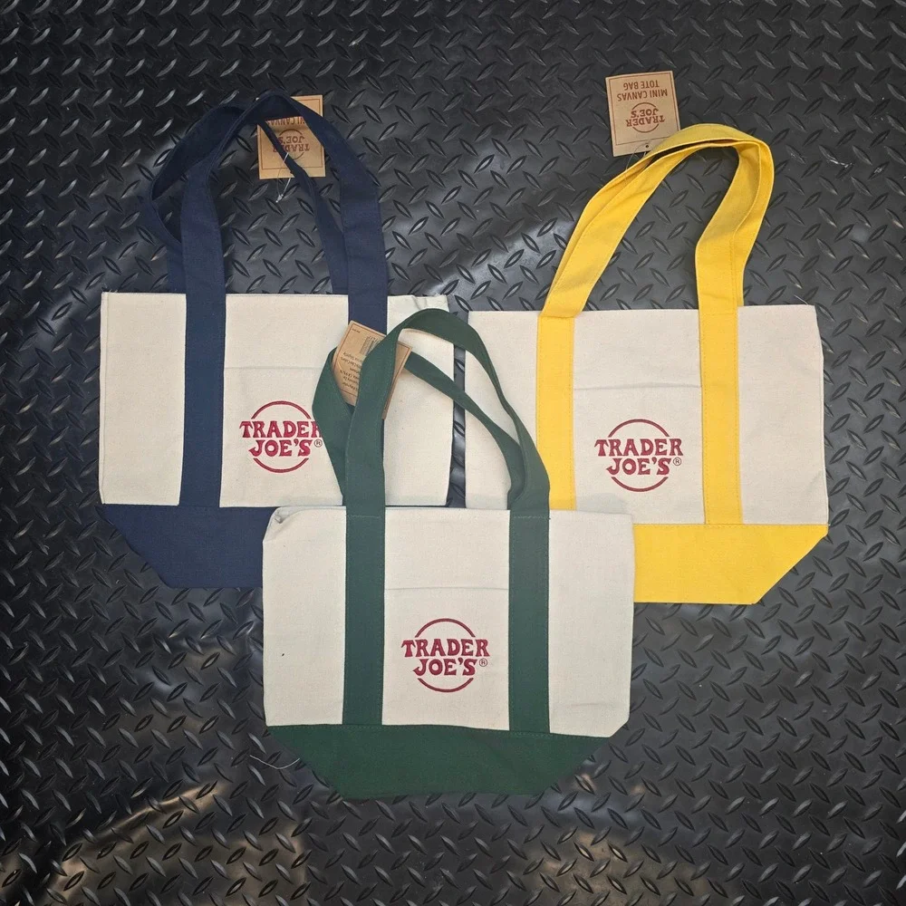 Trader Joe's Mini Canvas Tote Bag‎ Set of 3 Navy Green Yellow New NWT
